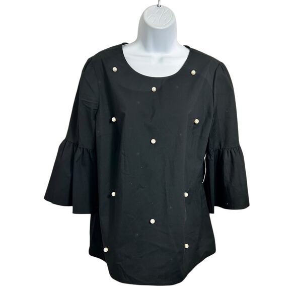 ANA Black Pearl Blouse Sz Large Flounce 3/4 Sleeves Versatile Minimalist Top NEW - Picture 2 of 7